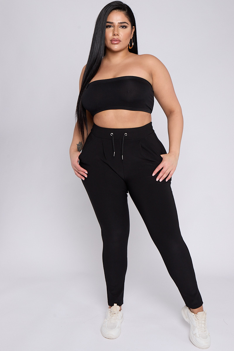 Plus Size Black Full Length Drawsting Waist Leggings With Pockets Praslin Clothing