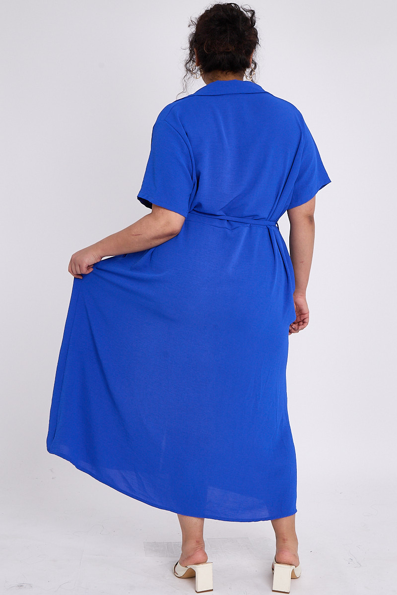 Plus Size Royal Blue Shirt Style Short Sleeve Tie Waist Dress With Pockets | Praslin Clothing Plus Size Royal Blue Shirt Style Short Sleeve Tie Waist Dress With Pockets | Praslin Clothing