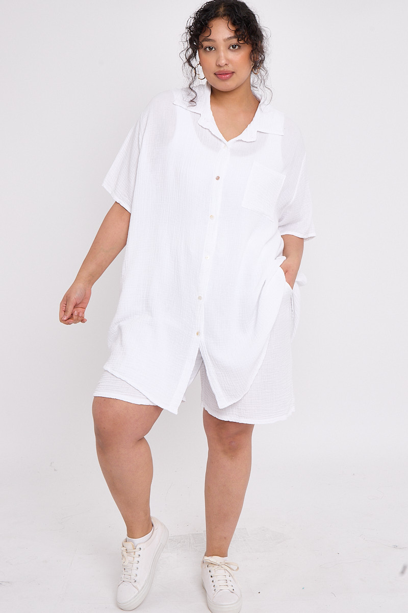 Plus Size White 2 Piece Co Ord Set With Short Shirt Shorts