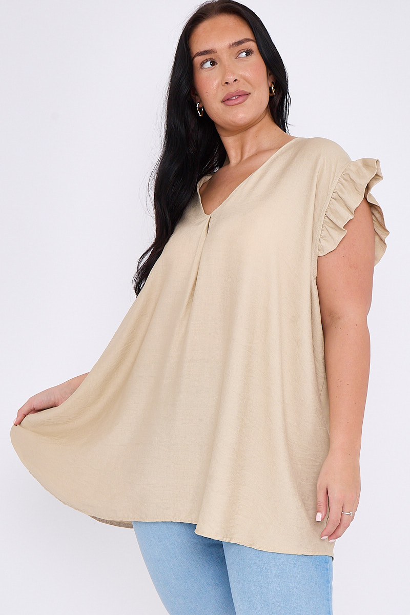 Plus Size Ruffle Top Plus Size Beige V Neck Flared Top With Short Ruffle Sleeves | Praslin ...