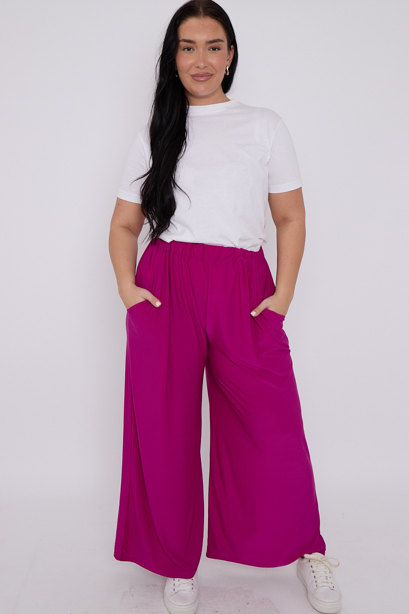 Plus Size Magenta Wide Leg Elasticated Waist Trousers With Pockets