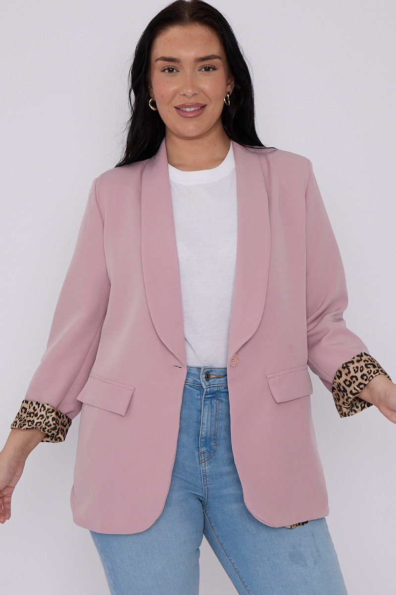 Plus Size Rose Pink Leopard Detail Blazer With Pocket Detail - Main Image