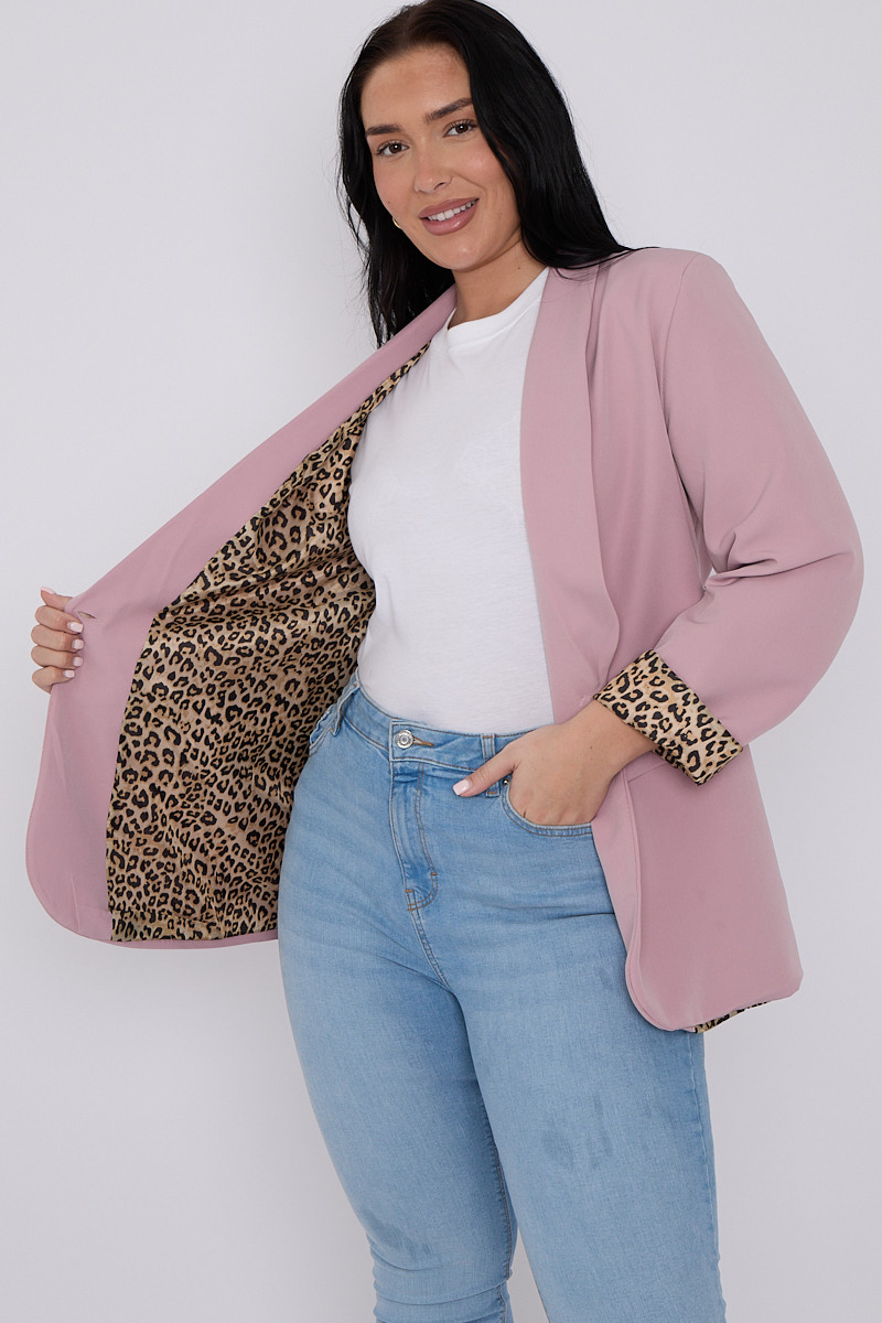 Plus Size Rose Pink Leopard Detail Blazer With Pocket Detail