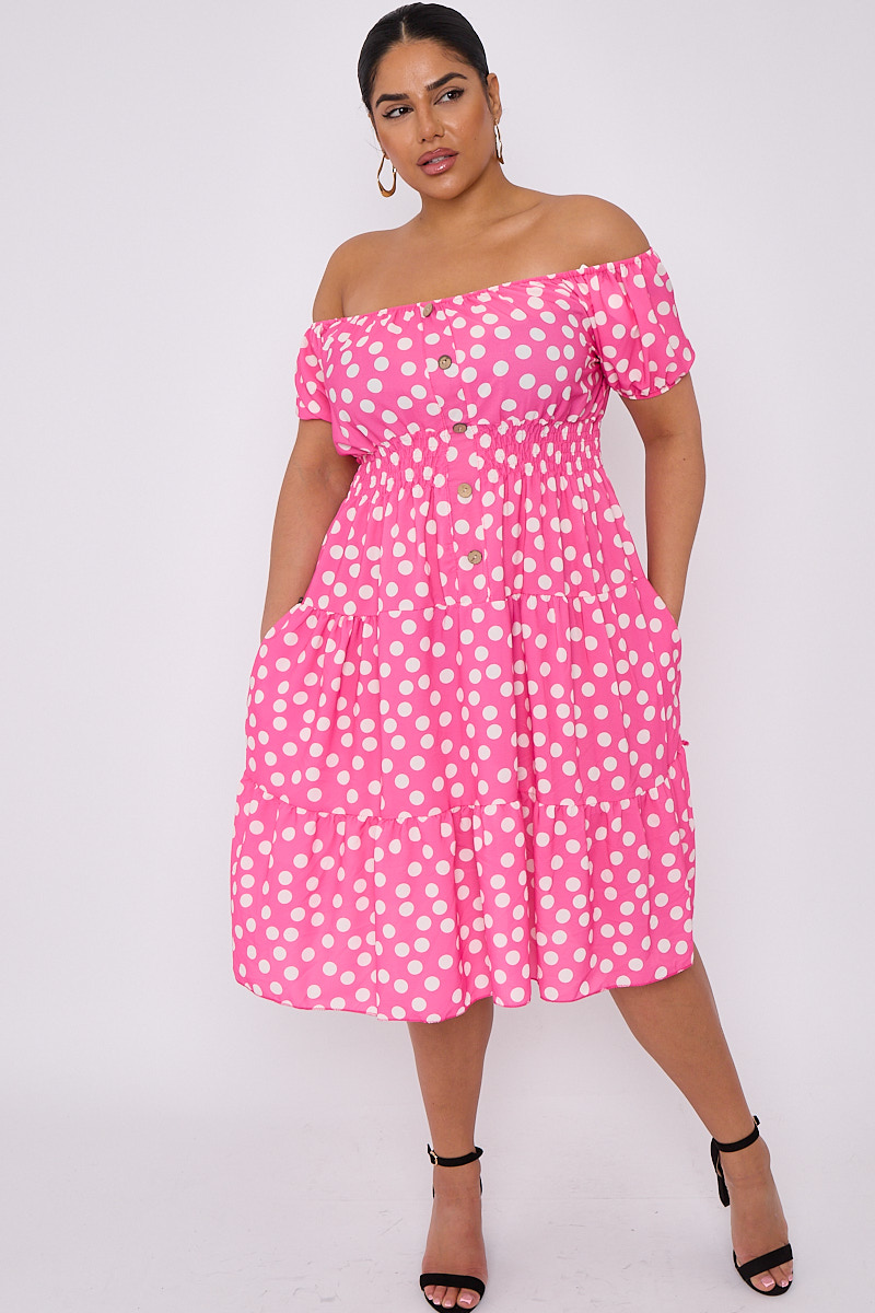Plus Size Pink Polka Dot Bardot Button Detail Dress With Pockets