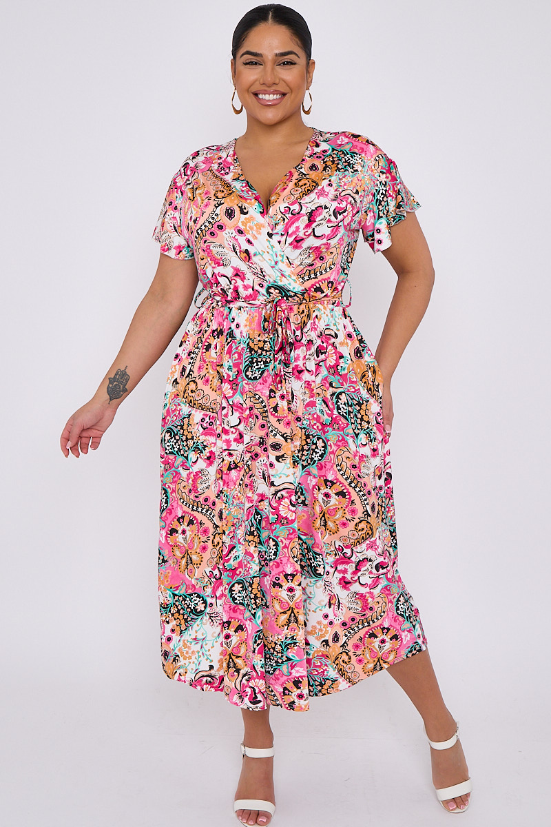 Plus Size Printed Wrap Tie Waist Midi Dress With Pockets