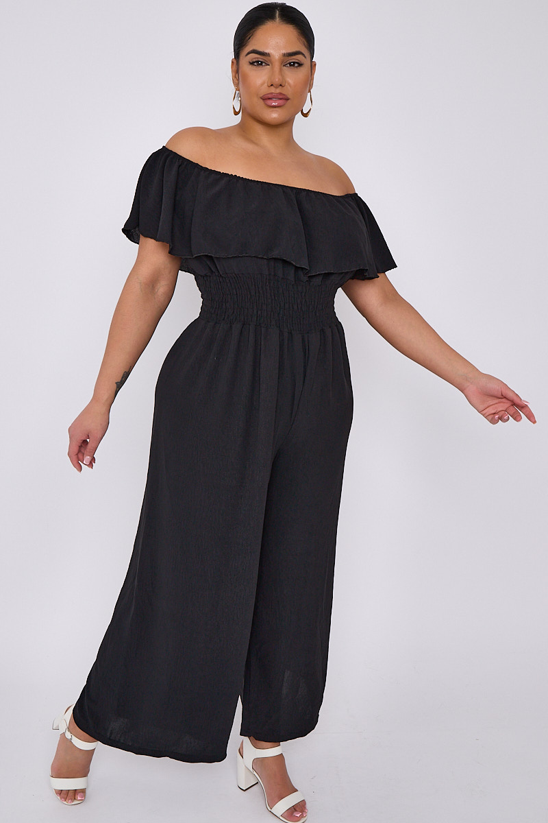 Plus Size Black Bardot Overlay Shirred Waist Jumpsuit With Wide Leg Praslin Clothing