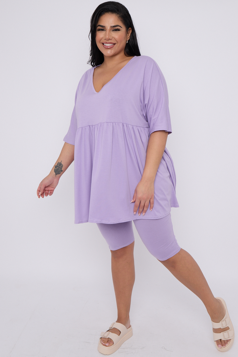 Plus Size Lilac 2 Piece Co Ord Loungewear Set With Top Cycling Shorts