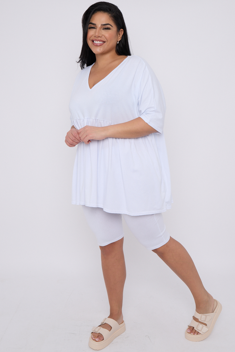 Plus Size White 2 Piece Co Ord Loungewear Set With Top Cycling Shorts