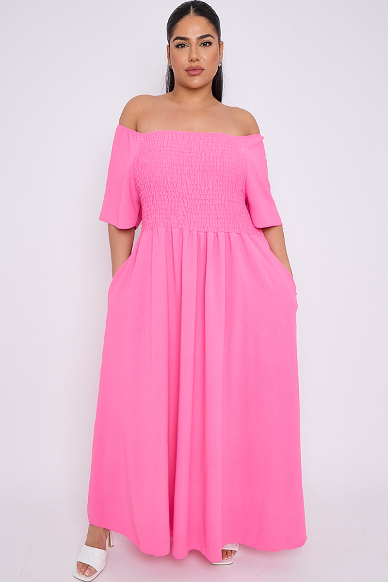 Plus Size Pink Bardot Shirred Top Maxi Dress With Pockets