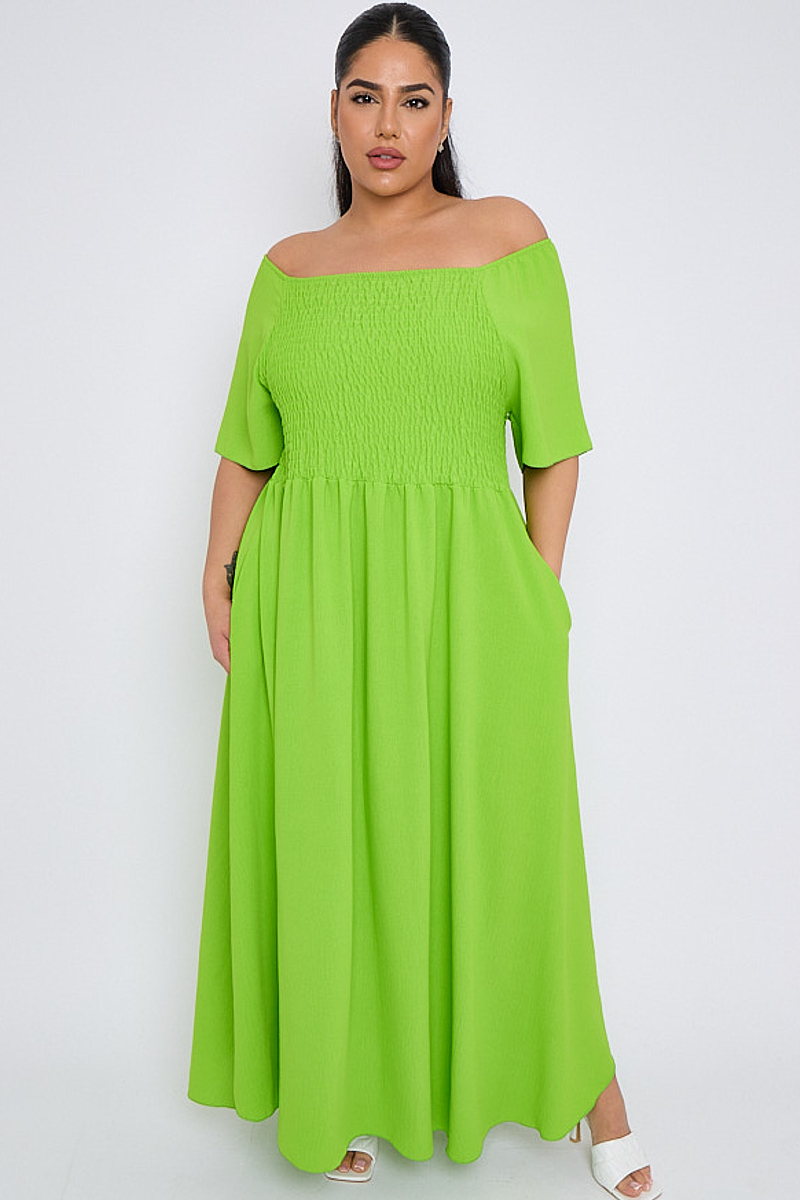 Plus Size Lime Green Bardot Shirred Top Maxi Dress With Pockets