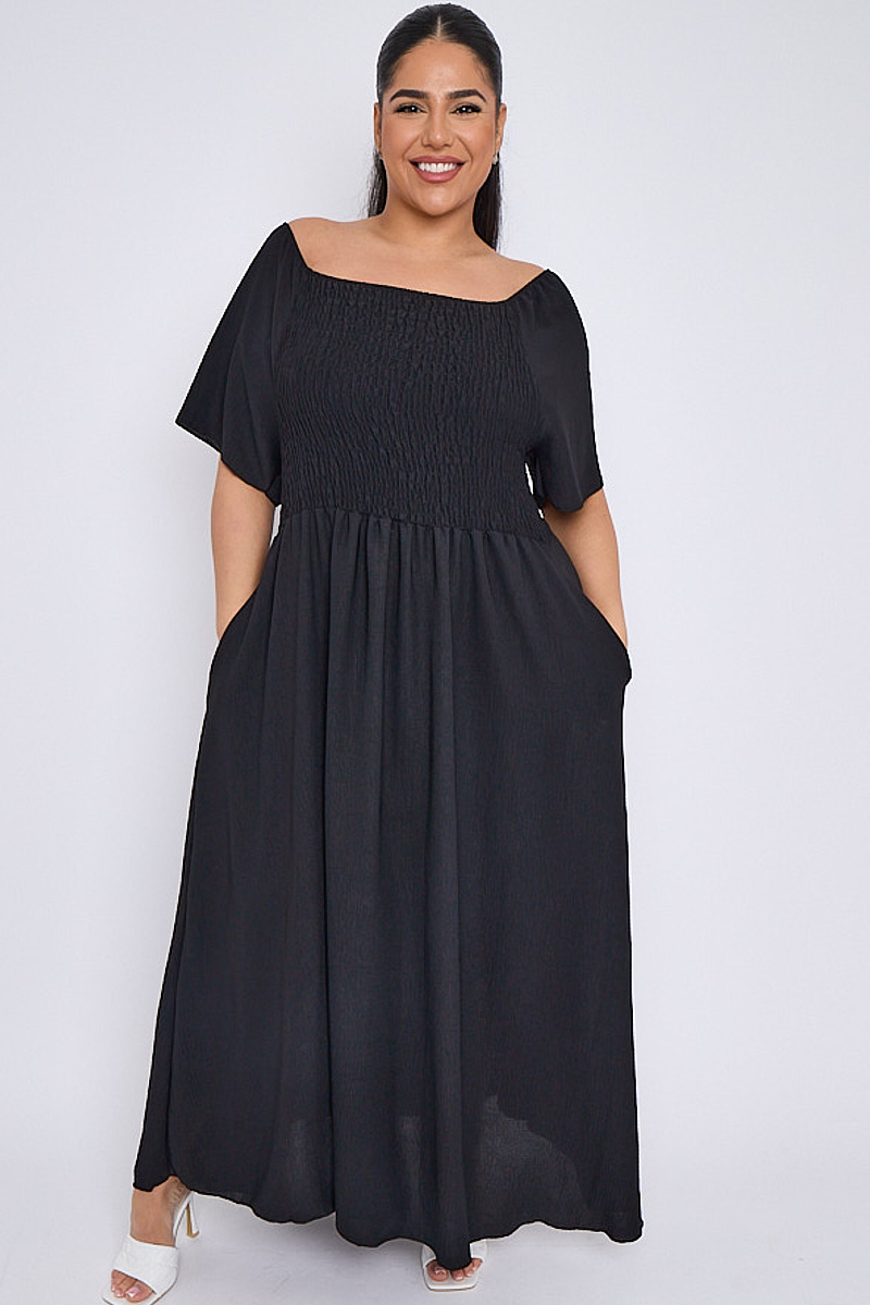 Plus Size Black Bardot Shirred Top Maxi Dress With Pockets