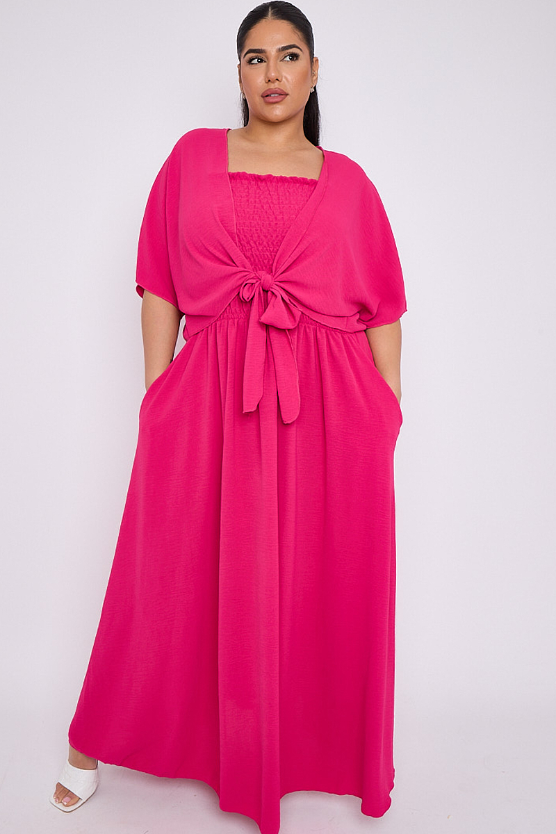 Plus Size Fuchsia 2 Piece Set With Shirred Detail Dress Shrug