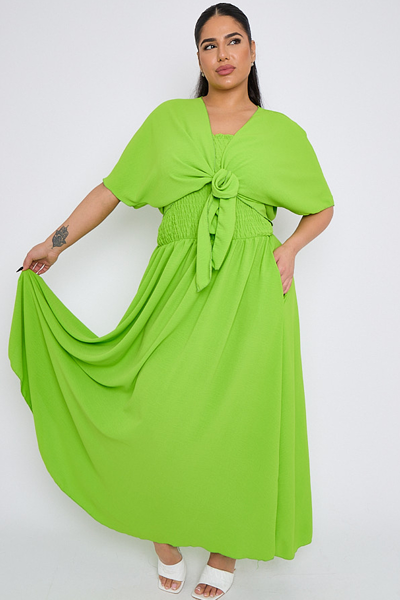 Plus Size Lime Green 2 Piece Set With Shirred Detail Dress Shrug Praslin Clothing