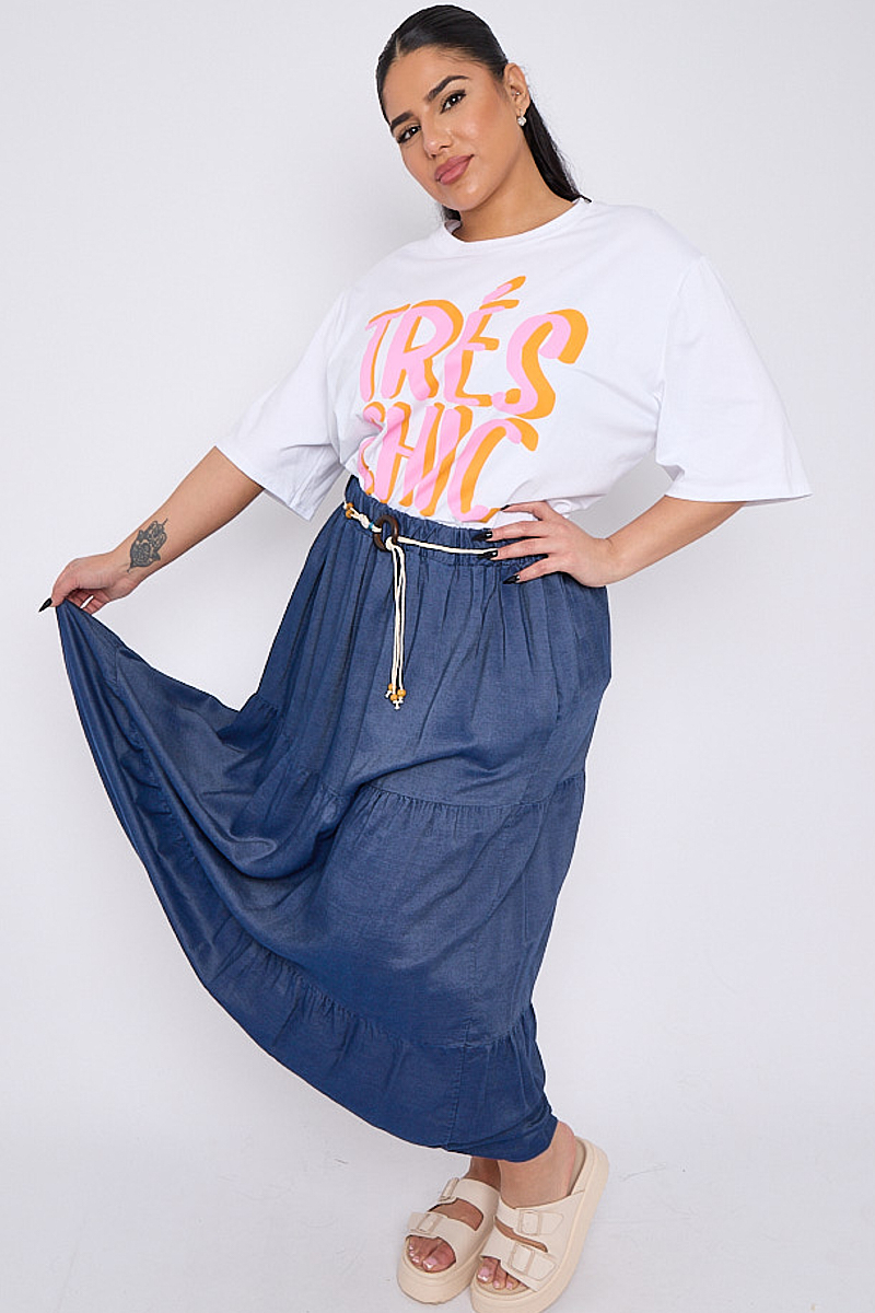 Plus Size Blue Denim Maxi Elasticated Waist Belt Skirt With Pockets