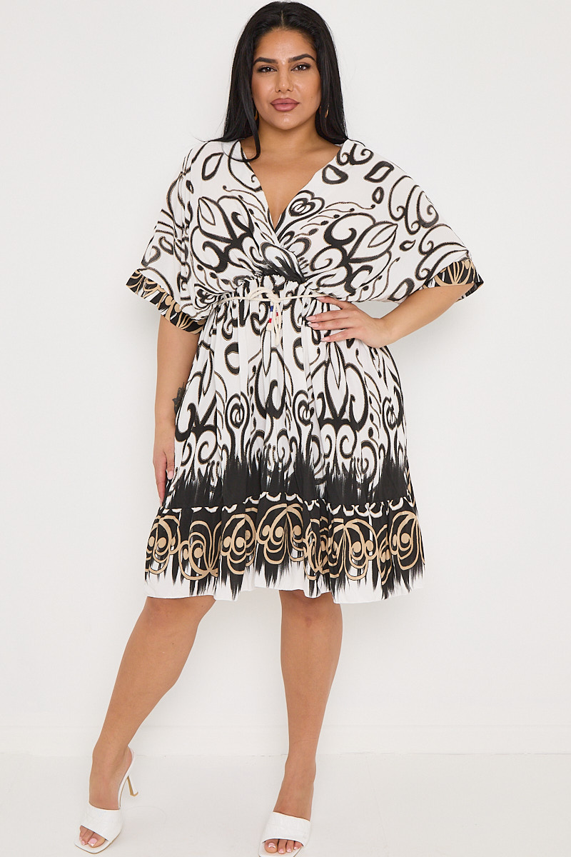 Plus Size Round Neck Tie Waist Printed Mini Dress