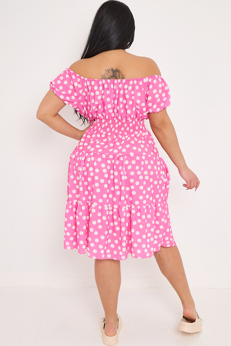Pink polka dot bardot dress clearance