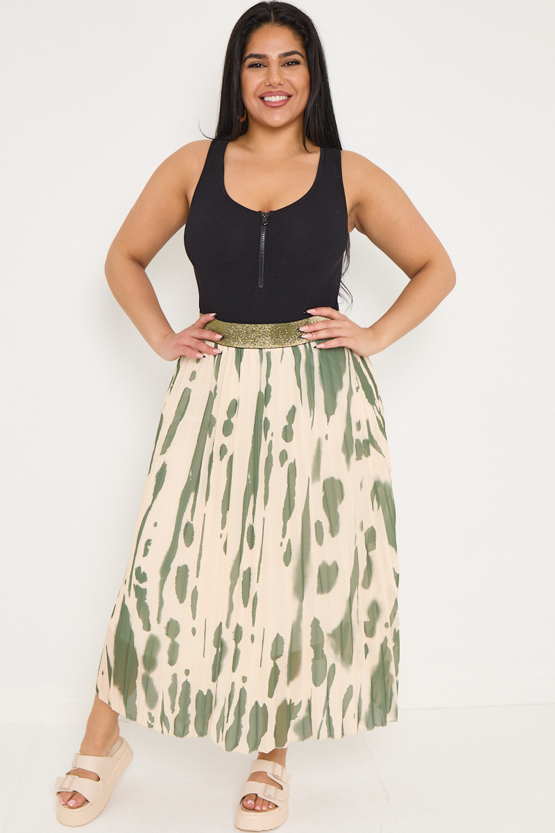 Plus Size Khaki Tie Dye Shimmer Elasticated Wasitband Midi Skirt