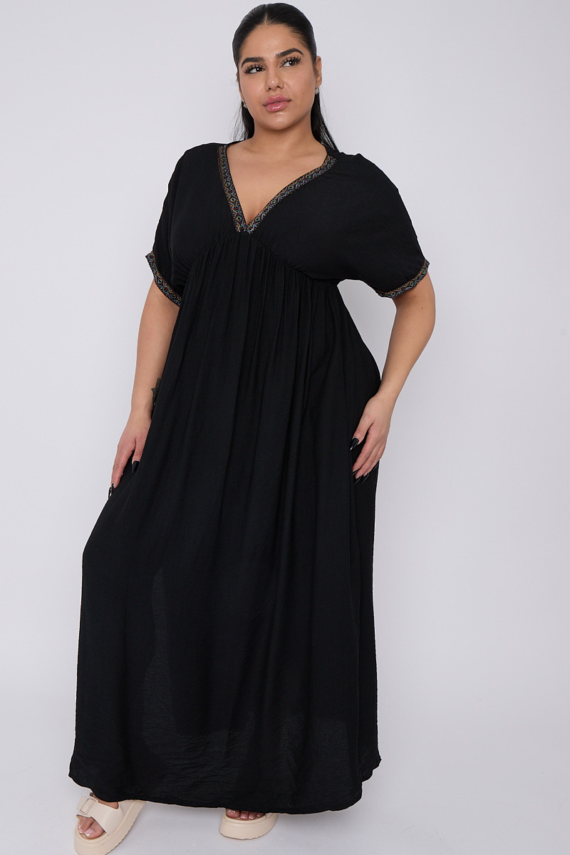 Plus Size Black Printed Trim Detail Deep V Ruched Bust Maxi Dress