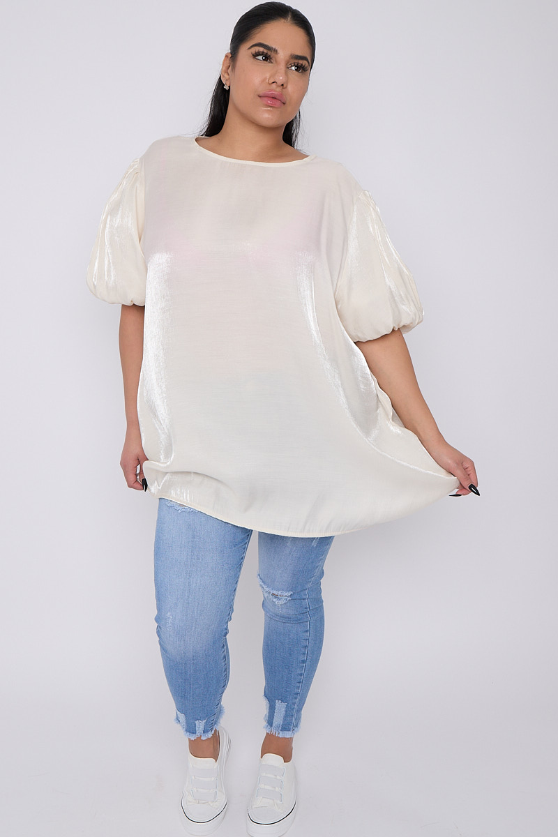 Plus Size Cream Sheen Short Puff Sleeves Top Praslin Clothing