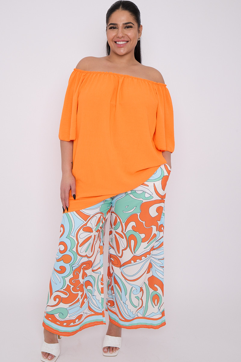 Plus Size Orange 2 Piece Set With Bardot Top Printed Wide Leg Trousers