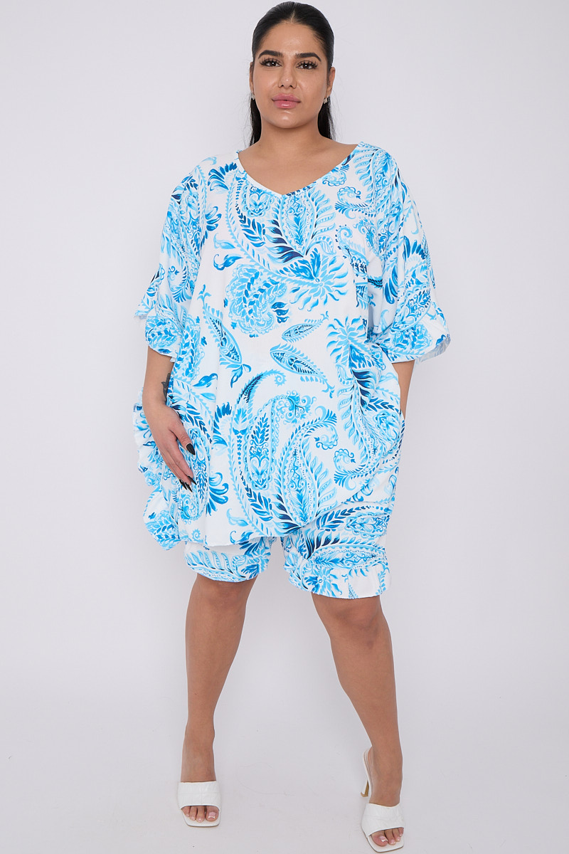 Plus Size Light Blue Printed 2 Piece Co Ord Set With Top Shorts