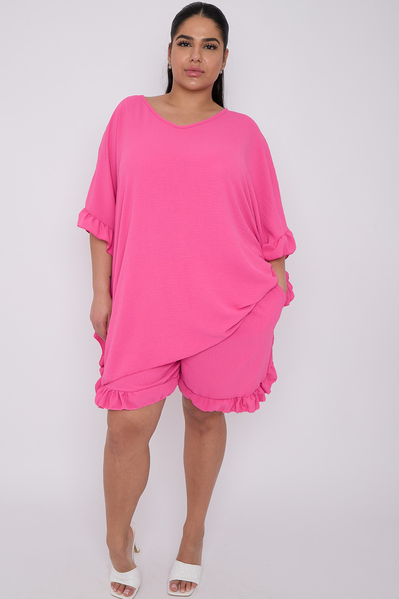 Plus Size Pink 2 Piece Frill Detail Co Ord Set With Top Shorts