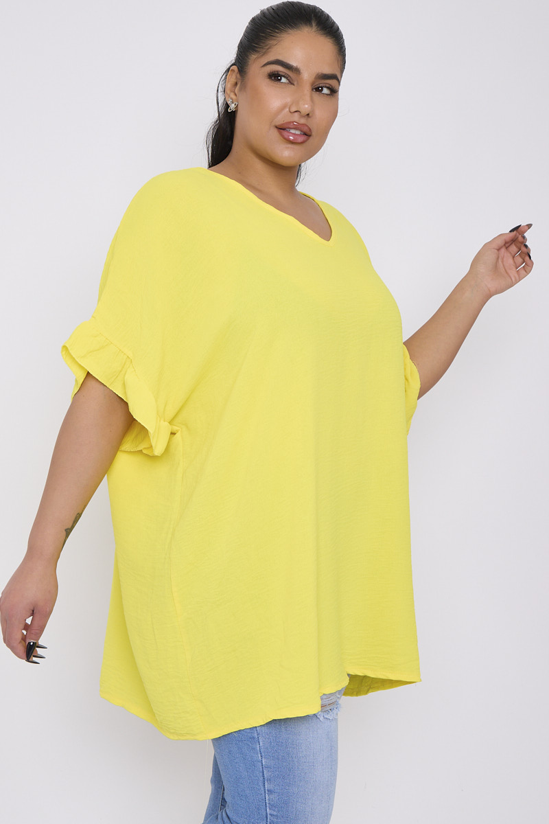 Plus Size Yellow Turn Up Short Sleeve Top With Back Lace Detail