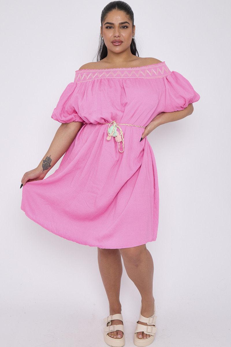 Plus Size Baby Pink Bardot Crochet Belt Dress
