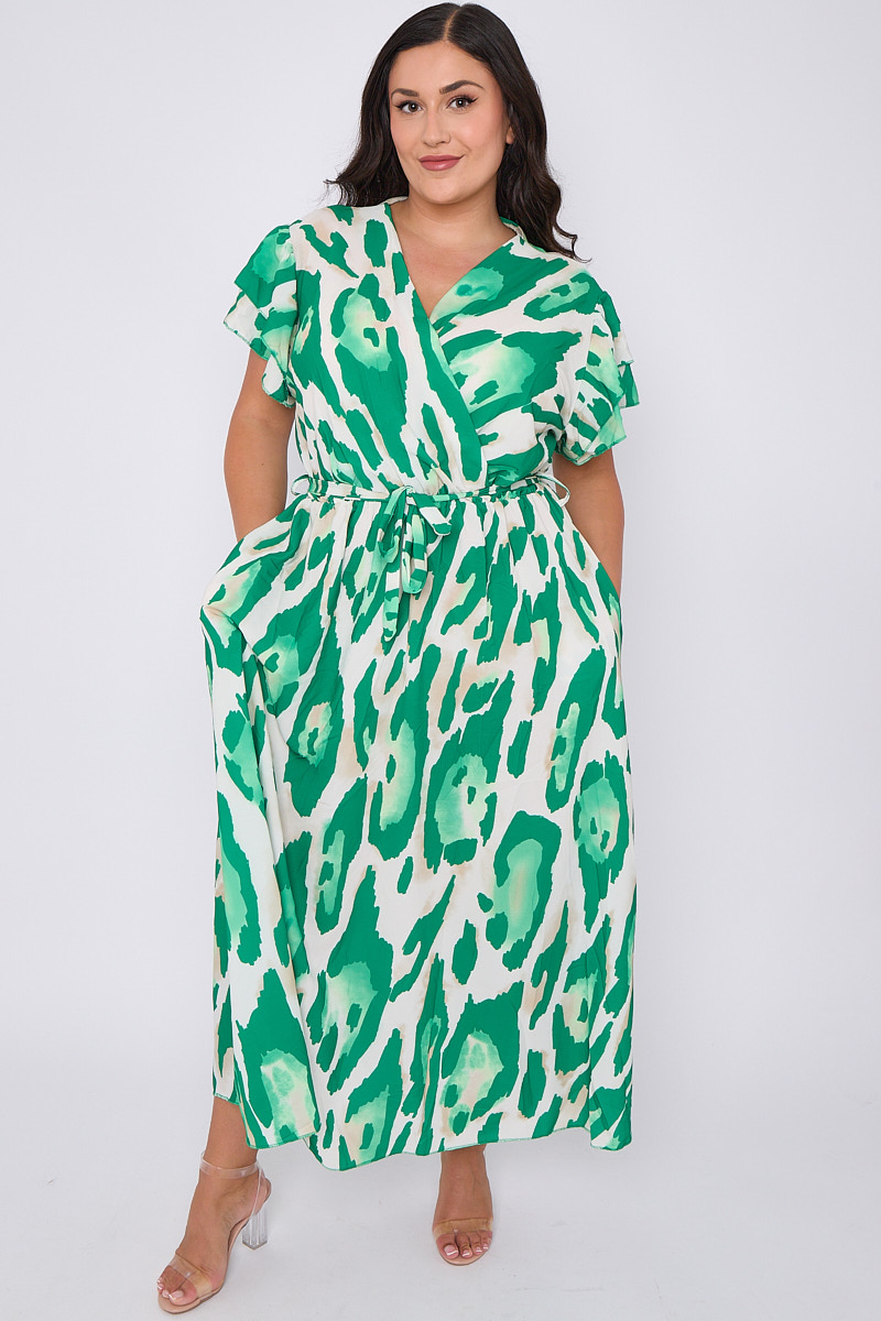 Plus Size Green Printed Wrap Tie Waist Dress With Pockets Praslin Clothing