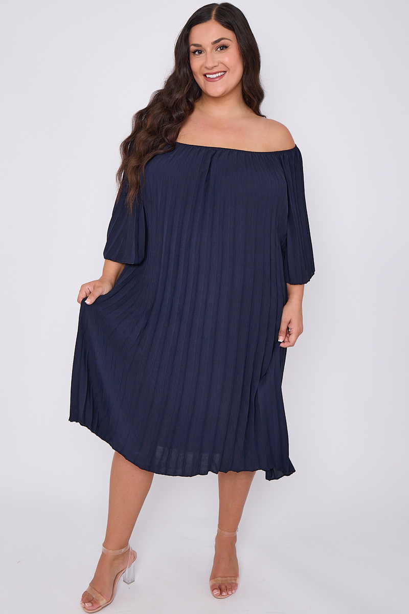 Plus Size Navy Plus Size Pleated Bardot Dress With 3 4 Sleeves