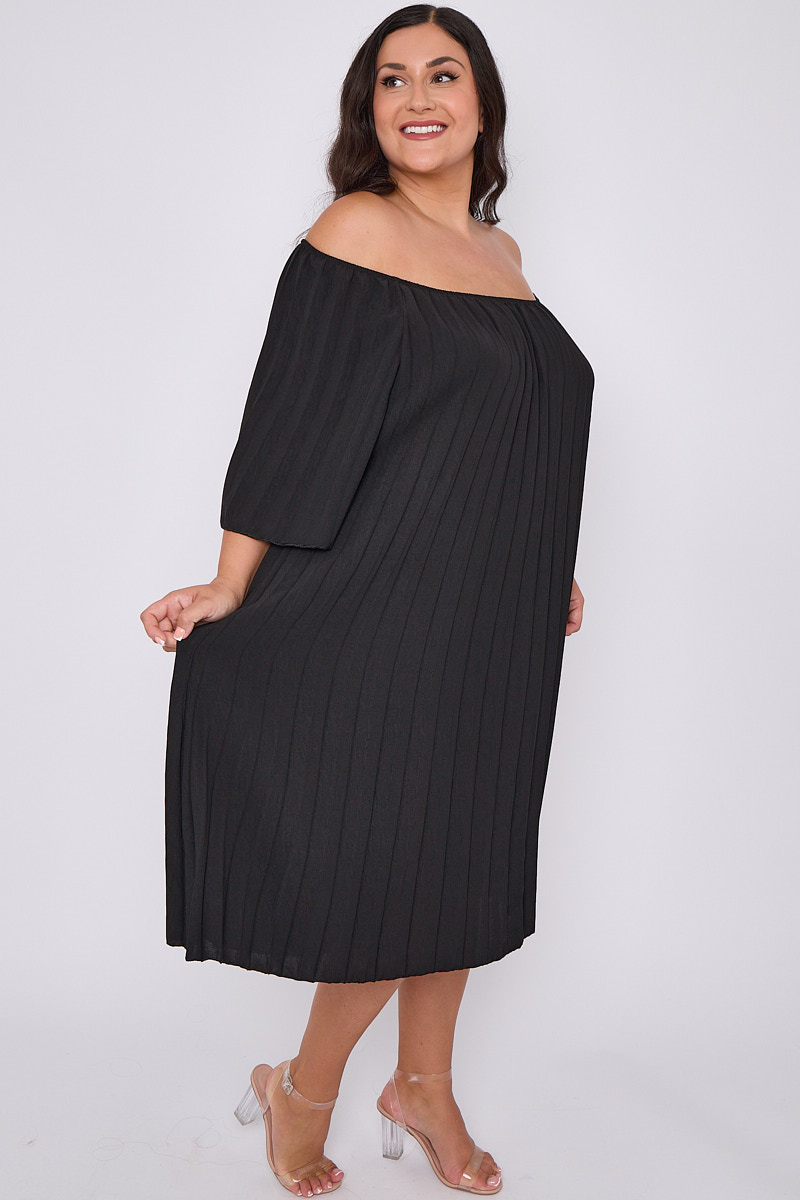 Plus Size Black Plus Size Pleated Bardot Dress With 3 4 Sleeves