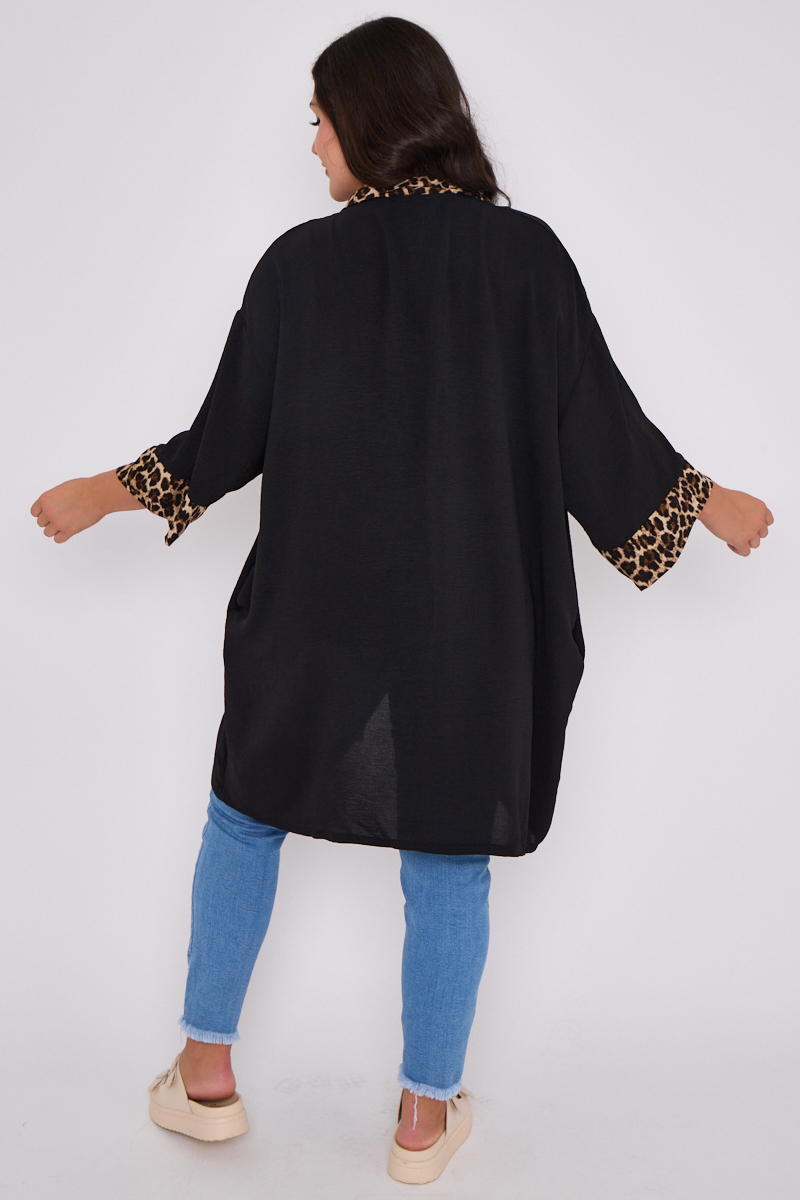 Plus Size Black Mid Length Leopard Trim Cardigan With Pockets