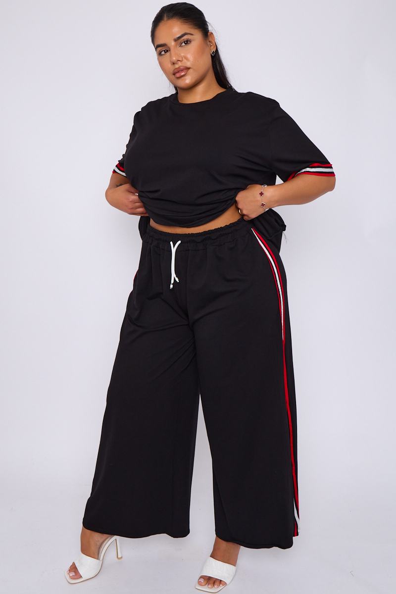 Plus Size Black 2 Piece Co Ord Loungewear Set With Stripe Side Detail Praslin Clothing