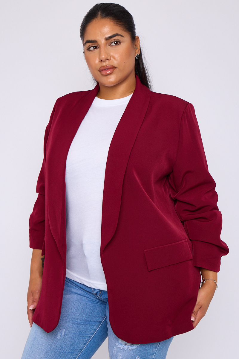 Plus Size Red Ruffle Sleeve Pocket Detail Blazer