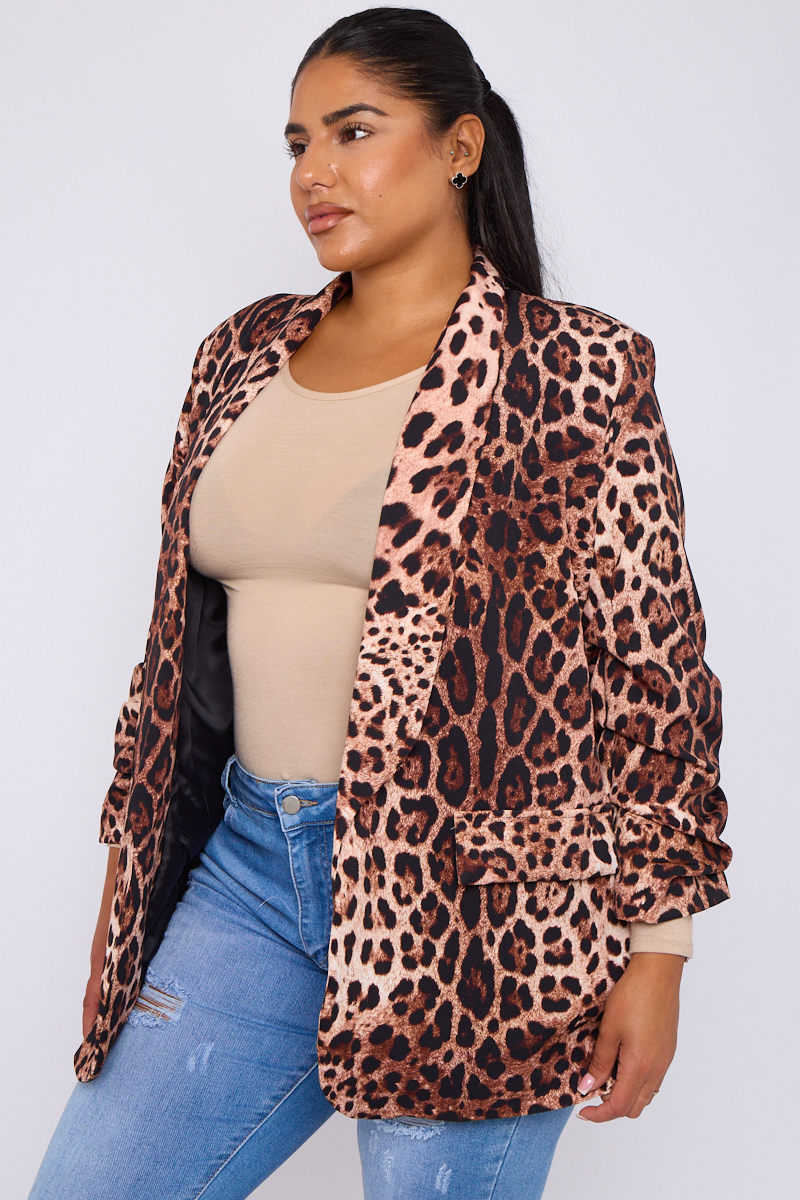 Plus Size Brown Leopard Print Ruffle Sleeve Blazer With Pocket Detail