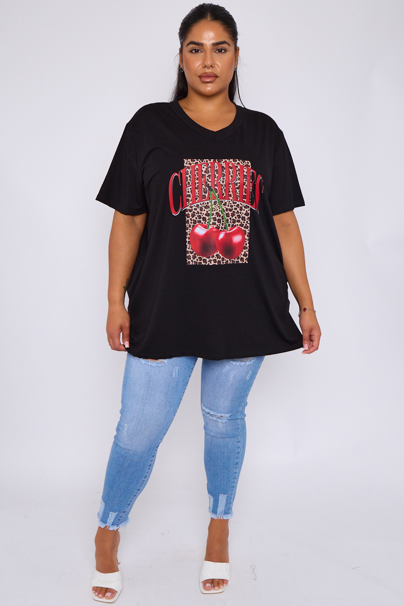 Plus Size Black Cherries Slogan Short Sleeve T Shirt