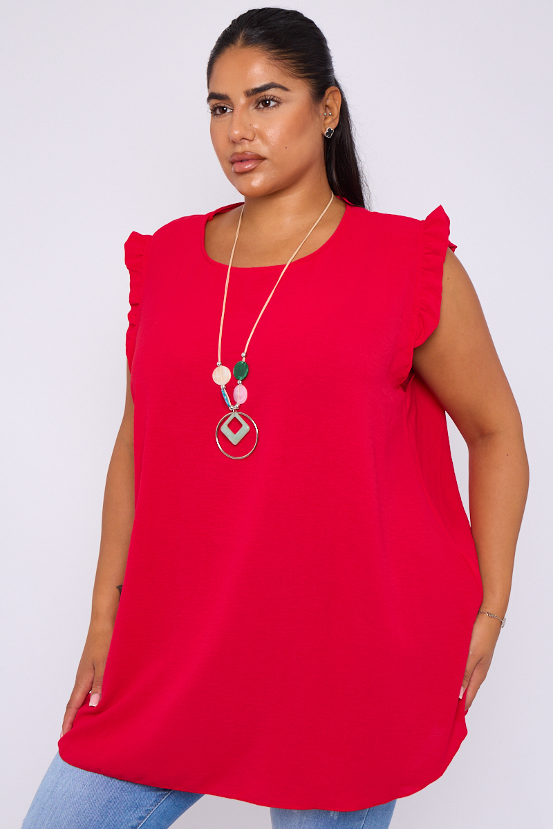 Plus Size Red Ruffle Sleeve Round Neck Top