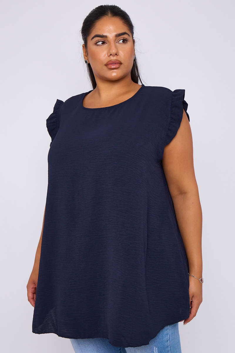 Plus Size Navy Ruffle Sleeve Round Neck Top