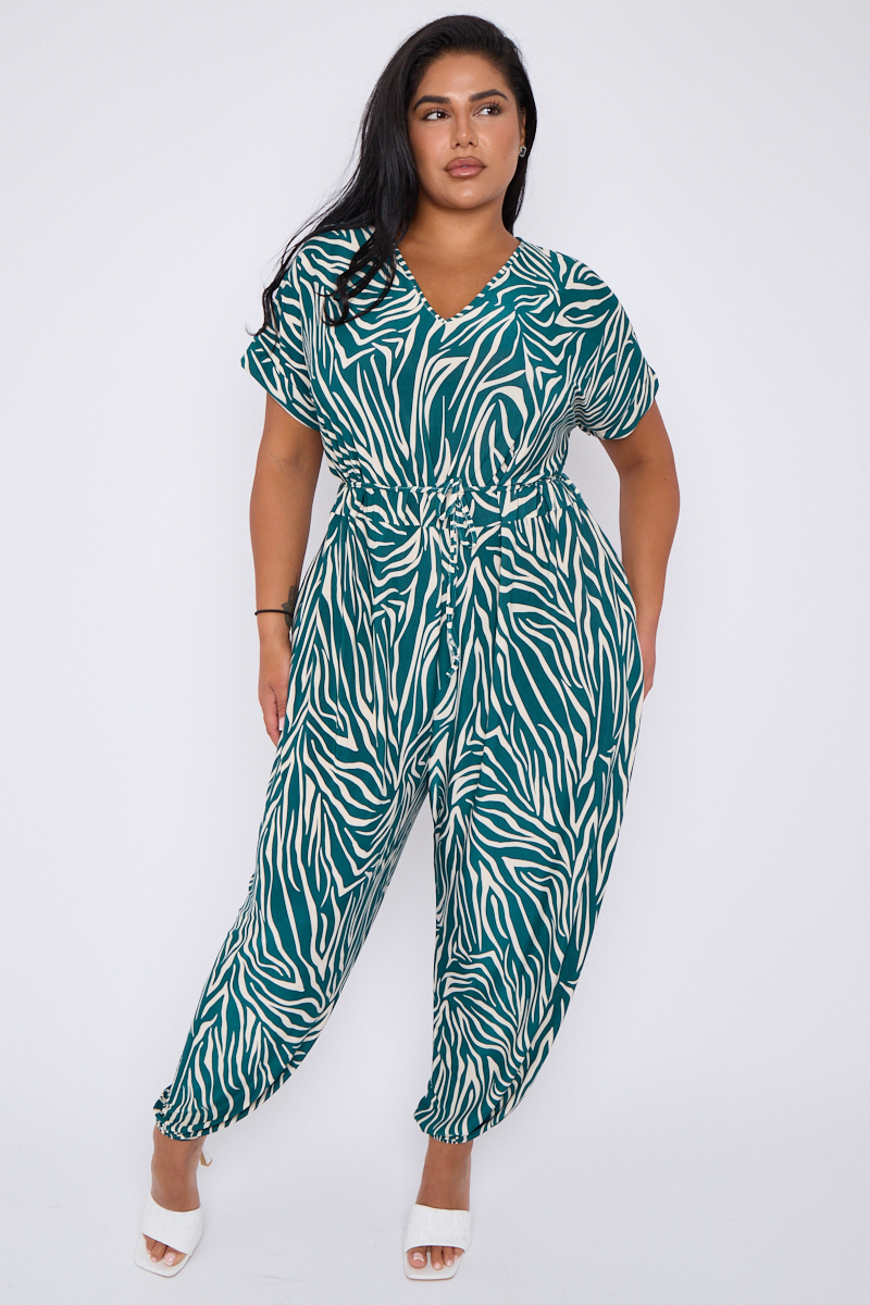 Plus Size Green Printed V Neck Tie Waist Jumpsuit With Pockets