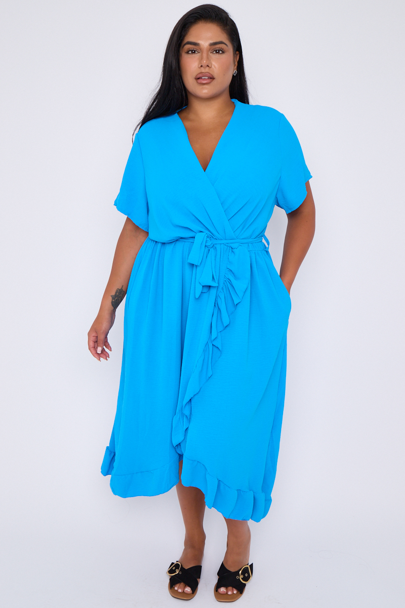 Plus Size Light Blue Wrap Tie Waist Ruffle Hem Dress With Pockets