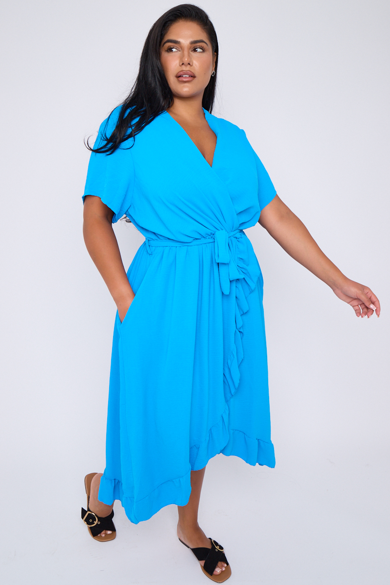 Plus Size Light Blue Wrap Tie Waist Ruffle Hem Dress With Pockets Praslin Clothing