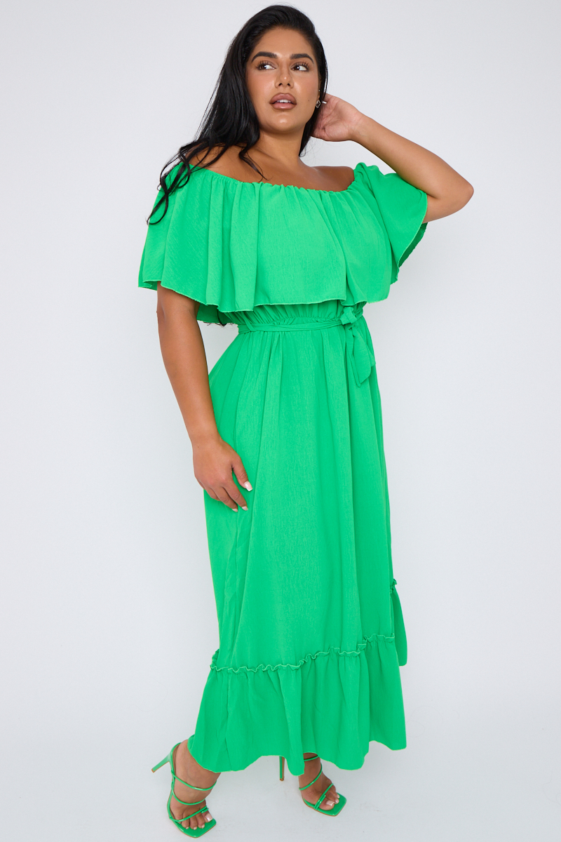 Plus Size Green Bardot Overlay Tie Waist Dress With Pockets