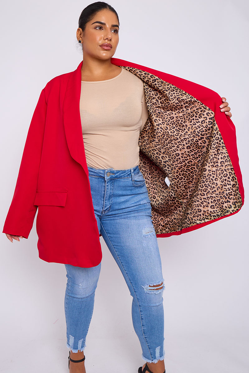 Plus Size Red Oversized Animal Print Lining Blazer With Pocket Detail