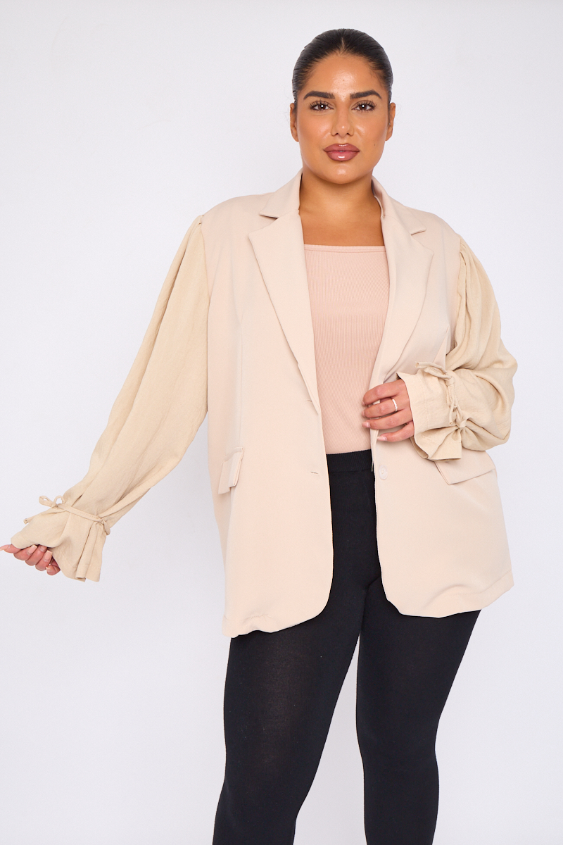 Plus Size Cream Tie Sleeve Button Fasten Blazer With Pocket Detail