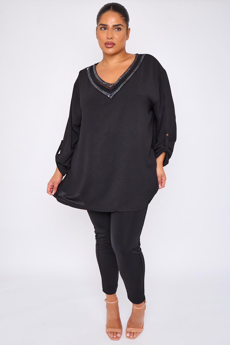 Plus Size Black Sequin Embellished V Neck 3 4 Sleeves Top Praslin Clothing