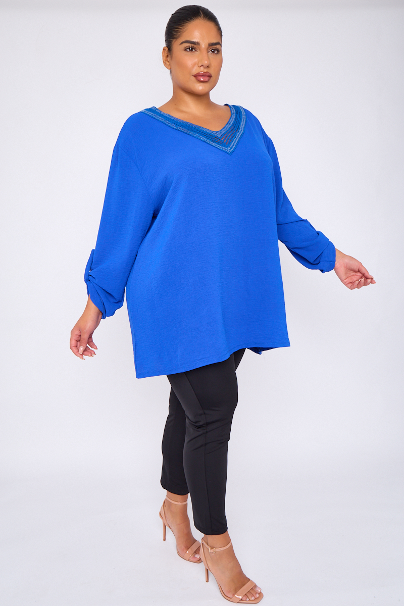 Plus Size Blue Sequin Embellished V Neck 3 4 Sleeves Top Praslin Clothing