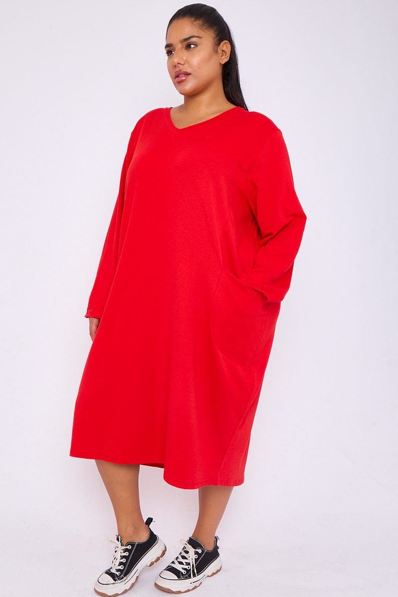 Plus Size Red V Neck Long Sleeves Midi Jumper Dress With Pockets Praslin Clothing