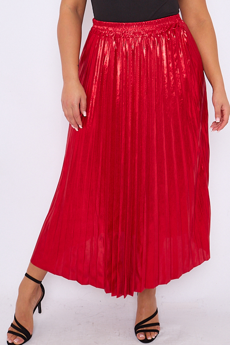 Plus Size Red Metallic Pleated Midi Skirt